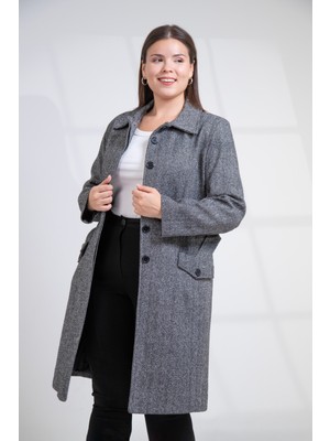 Roxxlen 132289 Kadın Büyük Beden Balıksırtı Kaban Siyah