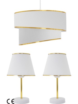 Feyza Design Şık Beyaz Gold Üçlü Avize ve Abajur Seti, Modern ve Zarif Tasarım