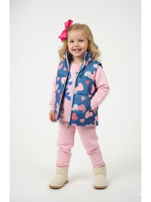 Nellino Kız Çocuk Kalp Desenli Fermuar Kapama Şişme Yelek Üçip Kalın Sweat Alt Eşofman Takım