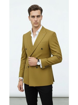 Plus Scorpion Gold Düğmeli Kruvaze Erkek Blazer Ceket – Premium Kumaş, Slim Fit Şıklık