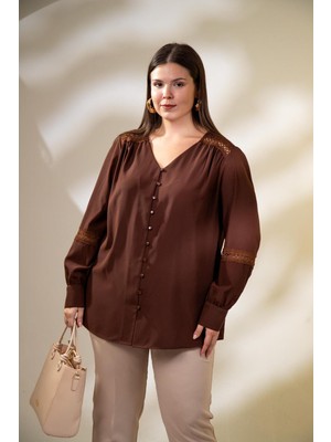 Roxxlen Büyük Beden Dantel Şeritli Bluz