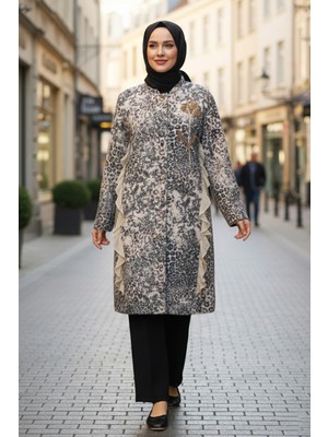 Lale Butik Leopar Desen Fırfır ve Taş Detay Tasarım Ceket 6334 Kahverengi