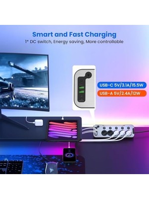 Storemax Bağımsız Anahtarlı 5'li Işıklı Akım Korumalı Çoklu Priz 4000W, 2x USB - 2x Type-C Giriş, Metal Ön Panel Uzatma Kablosu Köşe Priz, Topraklı, 2 Metre Kablo