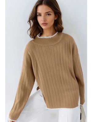 Hiccup Kadın My Fashıon Dikiş Detaylı Dik Yaka Oversize Triko Kazak Deve Kahvesi