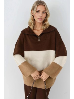 Hiccup Kadın My Fashıon Fermuarlı Yaka Renk Bloklu Oversize Triko Kazak Krem Doğal