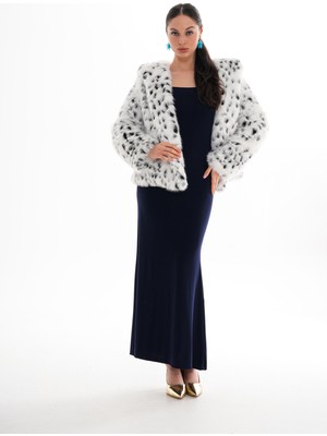 Navy Kapüşonlu Kürk Ceket Leopar Tüylü..