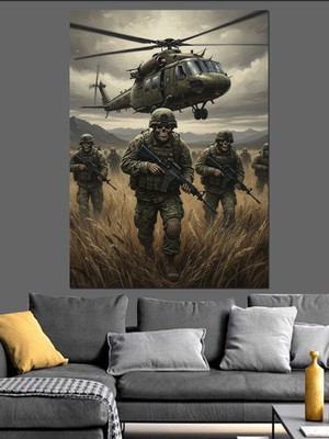 Karizma Tablo Savaşan Askerler Helikopter Dekoratif Kanvas - Mdf Ahşap Tablo
