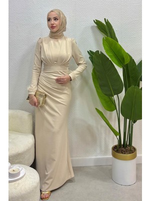 Tesettür Diyarı Krep Kumaş Kolları Tüy Detaylı Abiye-Bej