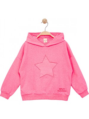 Divonette Kız Çocuk Kapşonlu Pembe Sweatshirt Uzun Kol Yıldız Desenli Nakışlı Ekstra Konfor