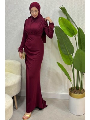 Tesettür Diyarı Krep Kumaş Kolları Tüy Detaylı Abiye-Bordo