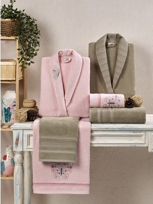 Bella Home Kristal Soft Jakarlı Aile Bornoz Seti - 6 Parça - %100 Pamuk - Orijinal Kutulu