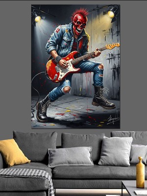 Karizma Tablo Elektrik Gitar Çalan Kırmızı Kurukafa Maskeli Adam Dekoratif Kanvas - Mdf Ahşap Tablo
