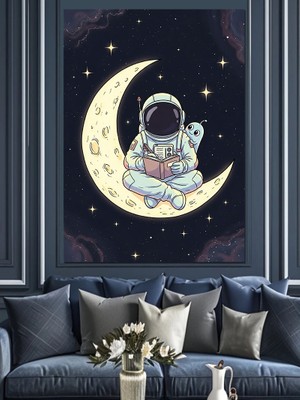 Karizma Tablo Ayda Astronot Yıldızlar Uzay Dekoratif Kanvas - Mdf Ahşap Tablo
