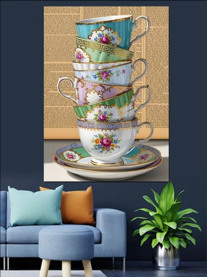 Karizma Tablo Üst Üste Ingiliz Çay Fincanları Dekoratif Kanvas - Mdf Ahşap Tablo