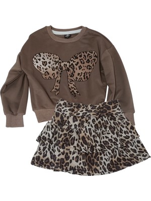 MG Mini Giyim Leopar Desenli Dijital Baskılı Sweat - Etekli Takım Kız Çocuk