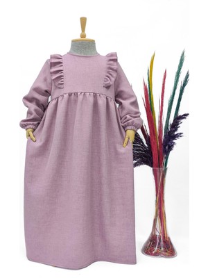 Betül Akbay Kız Çocuk Keten Elbise - Hüma Model Uzun Tesettür Elbise Gül Kurusu