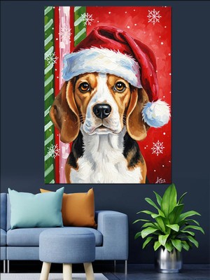 Karizma Tablo Noel Köpeği Kırmızı Şapka Dekoratif Kanvas - Mdf Ahşap Tablo