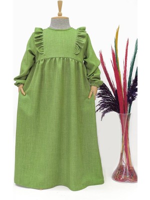 Betül Akbay Kız Çocuk Keten Elbise - Hüma Model Uzun Tesettür Elbise Mint Yeşili