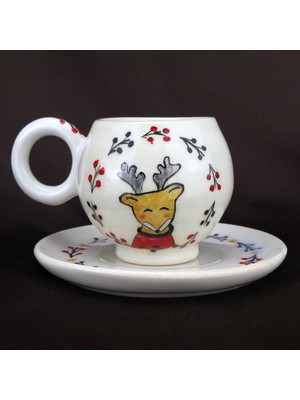 Özel Birşey Yılbaşı Temalı Geyik Desenli Fincan & Tabak Seti - El Yapımı Seramik