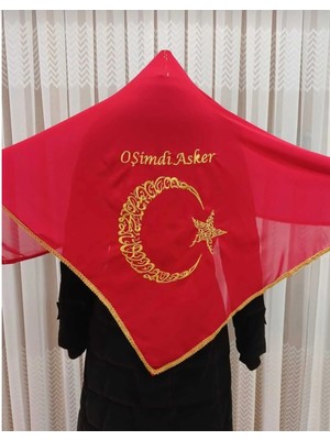Kırmızı O Şimdi Asker Şalı Örtüsü, Lüks Şifon Nakışlı  Gold Kına Omuz Örtüsü Duvağı