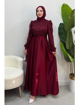Tesettür Diyarı  Kadın Paris Model Üst Kısım Taş Payet Etek Kısmı Saten Abiye-Bordo