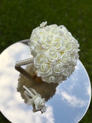 Yeni Sezon Lateks Incili Gelin Çiçeği ve Damat Yaka Çiçeği Lateks Nişan Düğün Buketi