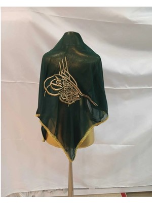Gürlek Tekstil Yeşil Şifon Lüks Damat Omuz Örtüsü, Tuğralı   Nakışlı,  Şalı Duvağı
