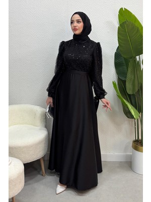 Tesettür Diyarı  Kadın Paris Model Üst Kısım Taş Payet Etek Kısmı Saten Abiye-Siyah