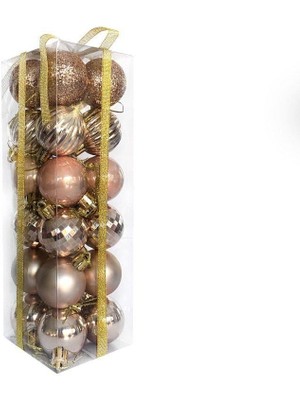 Orca Süs 4 cm - Yılbaşı Lüks Top Süs Seti 24 Adet Rose Gold Simli-Parlak-Mat-Disco-Çizgili Asetatlı Kutu
