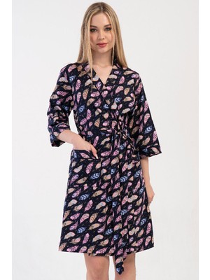 Vienetta Kadın Büyük Beden Kapri Kol Desenli Lacivert Sabahlık C7T1N0114