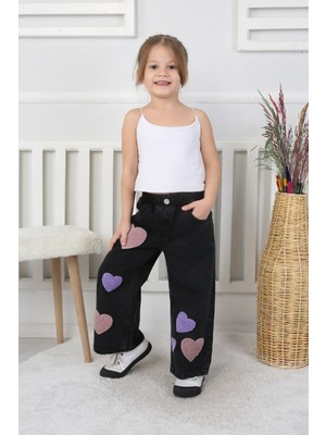 Canan Çakmak Premium Kalite Siyah Geniş Paça Kalp Desenli Jean Denim Kız Çocuk Pantolon