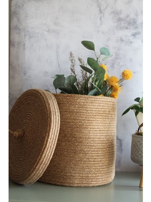 Flz Life El Dokuması Jüt Kapaklı Hasır Sepet, Banyo Kirli Sepeti, Mutfak Düzenleyici Sepet ve Saksı
