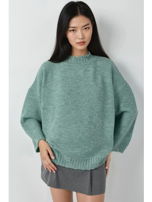 Hiccup Kadın My Fashıon Bisiklet Yakalı Oversize Triko Kazak Nane Yeşili