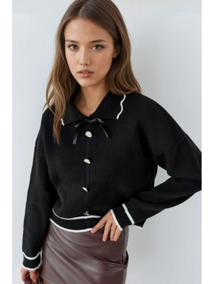 Hiccup Kadın My Fashıon Kurdele Detaylı Dokulu Polo Yaka Örgü Kazak Siyah