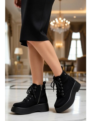 Benerly Kadın Yuvarlak Burunlu Bağcıklı Fermuarlı Orta Topuklu Bot Fonksiyonel Dayanıklı Kaliteli Şık