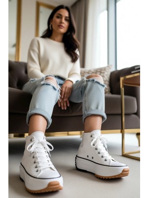 Benerly Kadın Yüksek Taban Bağcıklı Kanvas Spor Ayakkabı Fonksiyonel Dayanıklı Kaliteli Konforlu Şık