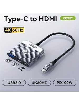Acer 3'ü 1'Arada Type-C To Hdmı 4K/60Hz+Usb+Pd 100W 3 Portlu Çevirici Dönüştürücü Adaptör Ce Lisanslı Metal Sağlam Orjinal