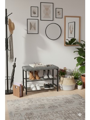 Tridihome Metal Ayakkabılık Oturak Puf Antre Giriş Bench Gri Minderli Iki Katlı