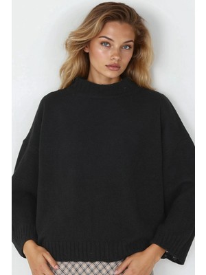 Hiccup Kadın My Fashıon Bisiklet Yakalı Oversize Triko Kazak Siyah