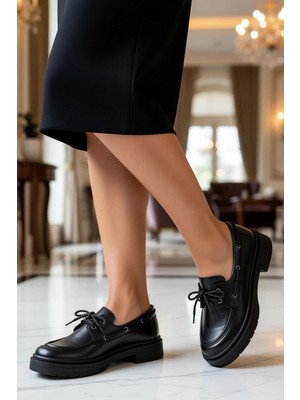 Benerly Kadın Bağcıklı Düz Yaka Düz Kalıp Suni Deri Loafer Fonksiyonel Dayanıklı Kaliteli Konforlu