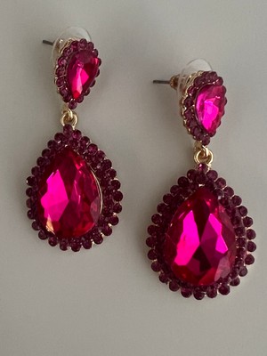 Koyu Pembe/düğün/nişan/iri/büyük/kristal Taşlı Fuşya Badem Küpe
