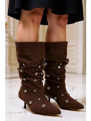 Benerly Kadın Sivri Burunlu Kısa Topuklu Süet Çizme Fonksiyonel Dayanıklı Kaliteli Konforlu Modern