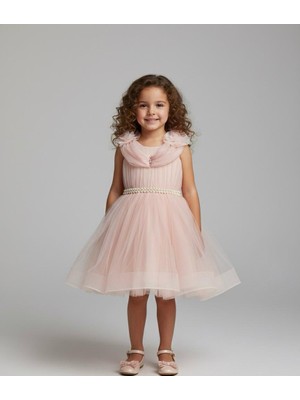 Minimony 3-7 Yaş Kız Çocuk Düşük Kol Taşlı İnci Tül Pudra Abiye Elbise  3501