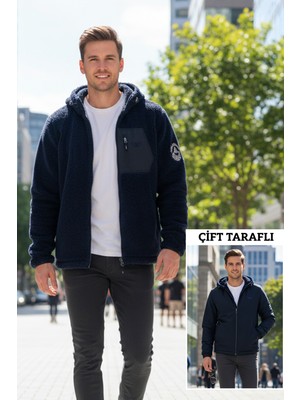 Remsa Erkek Çift Taraflı Kapüşonlu Peluş Mont Ceket 25725 Koyu Lacivert
