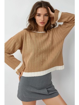 Hiccup Kadın My Fashıon Bisiklet Yakalı Çizgi Detaylı Triko Kazak Deve Kahvesi