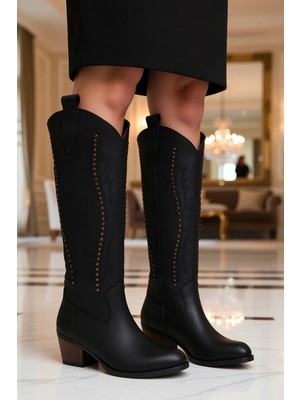 Benerly Kadın Blok Topuklu Kovboy Çizme Badem Burun Nubuk Nubuk Fonksiyonel Dayanıklı Estetik