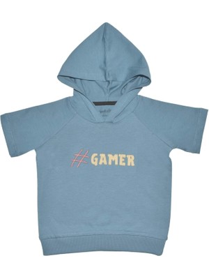 Organickid Gamer Çocuk Kapüşonlu Kısa Kol Mavi T-Shirt
