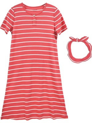 Organickid Mini Me Narçiceği Çizgili Kısa Kol Kadın Elbise