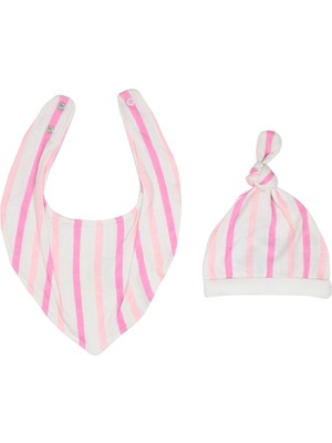 Organickid Pink Star Bebek Pembe Çizgili Şapka Önlük 2'li Set