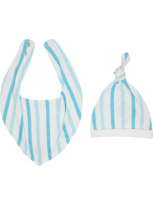 Organickid Blue Star Bebek Mavi Çizgili Şapka Önlük 2'li Set